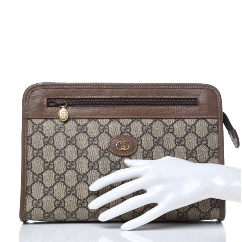 GUCCI GG Supreme Clutch Bag PVC Beige Gold